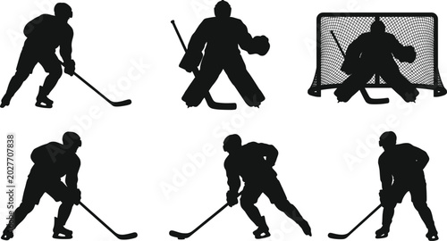Photography Ice Hockey Player Silhouette Collection with Goalkeeper Skaters and Sports Actio