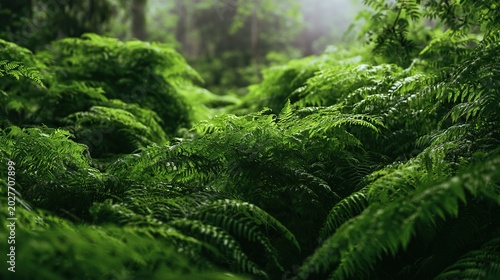 Dark Emerald Wild Fern Clusters In Shady Forest, Secluded Woodland Botanical Widescreen View