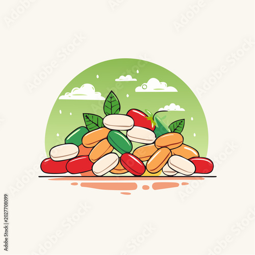 Pile of Colorful Pills and Capsules with Leaves and Clouds
