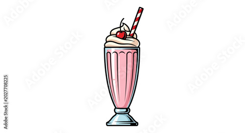 Retro pink milkshake with cherry and straw
