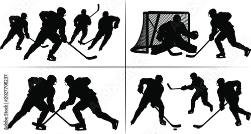 Photography Ice Hockey Player Silhouette Set with Goalkeeper Skaters and Competitive Sports