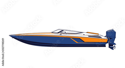 Foto A sleek blue and orange speedboat with an outboard motor on a white background