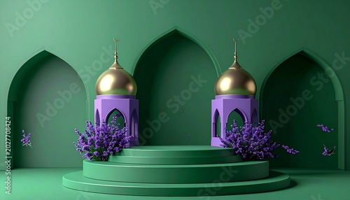 Green islamic archway with purple towers and flowers
