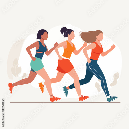 Three women running together in sportswear