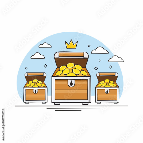 Treasure Chests Filled with Gold Coins and a Crown