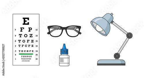 Set of optometry and vision health icons including eye chart, glasses, and eye drops.