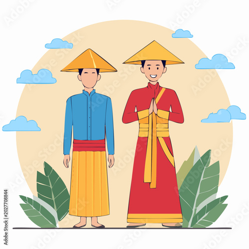 Two men in traditional Asian conical hats and clothing