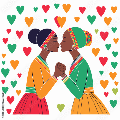 Two women kissing surrounded by hearts