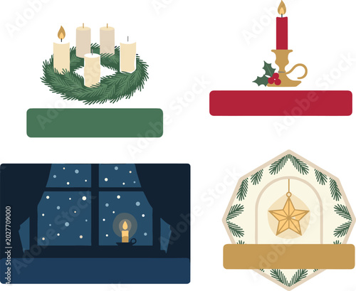 Fotografie Christmas Candle and Winter Decor Label Collection with Advent Wreath, Fireplace