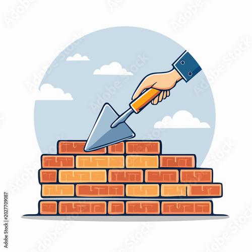 Bricklayer laying bricks with trowel