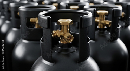 Industrial black gas cylinders with brass valves, rows of pressurized propane tanks, fuel storage containers for energy supply