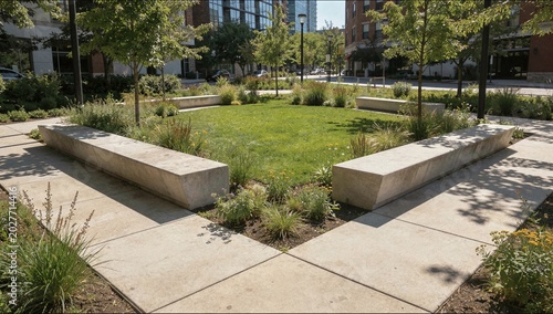 Modern urban pocket park with concrete benches and green lawn ideal for city landscaping architecture and real estate marketing