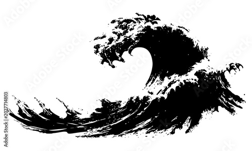 Abstract black ink brush stroke illustration of a powerful ocean wave with dramatic sea spray and textures, isolated on a white background for traditional and modern graphic design.