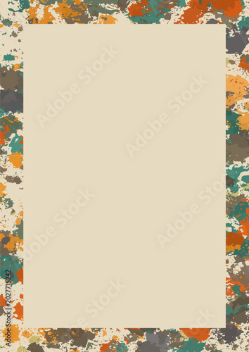 Colorful Abstract Paint Splatter Frame Border - Multicolor Teal Orange Brown Grunge Texture with Beige Center Background Vector Illustration
