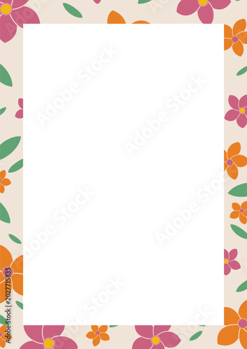 Colorful Floral Frame Border with Orange Purple Pink Flowers and Green Leaves - Decorative Flower Pattern with White Center Background Vector Illustration