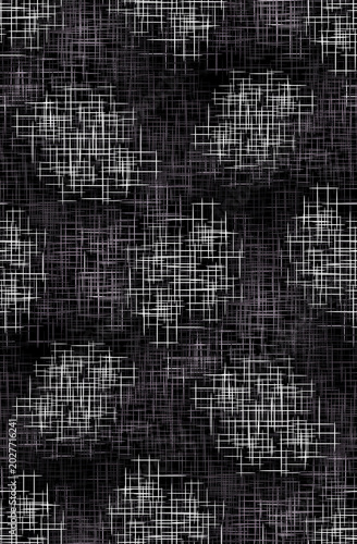 Seamless abstract monochrome grid pattern. Dark grey and white linen texture background with distressed crosshatch geometric lines.