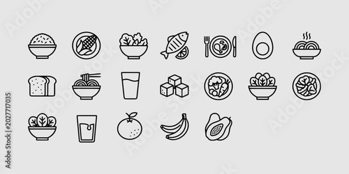 Quadro su tela Icon set collection of balanced meals, healthy nutrition, fresh produce, various dietary options, beverage servings, and assorted food items