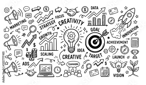 Photography Business startup doodle symbols vector illustration isolated on white background
