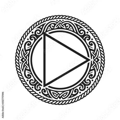 Play Button Triangle Inside Ornate Circular Border Symbol.