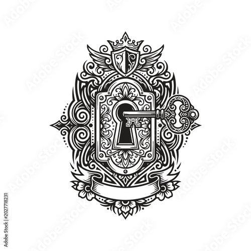 Ornate crest shield with keyhole emblem and crown design.