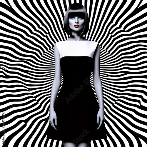 A dynamic Op-Art fashion advertisement featuring a model in a mod dress against a background of pulsating black and white concentric circles, Ai generated image