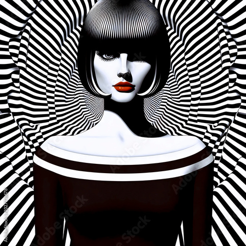 A dynamic Op-Art fashion advertisement featuring a model in a mod dress against a background of pulsating black and white concentric circles, Ai generated image
