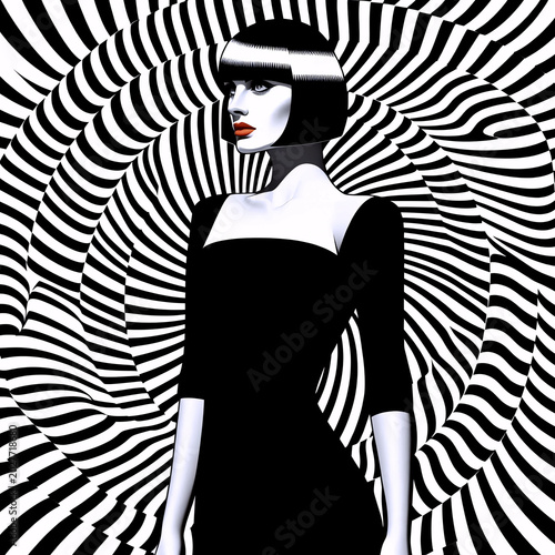 A dynamic Op-Art fashion advertisement featuring a model in a mod dress against a background of pulsating black and white concentric circles, Ai generated image
