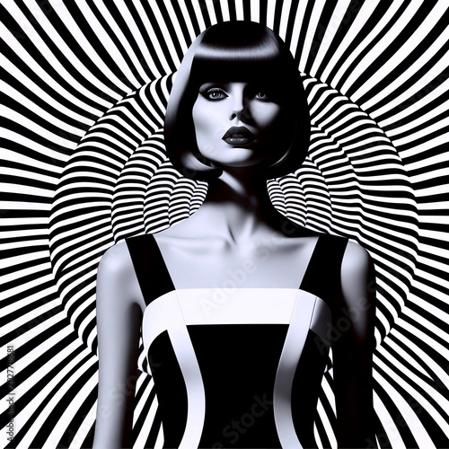 A dynamic Op-Art fashion advertisement featuring a model in a mod dress against a background of pulsating black and white concentric circles, Ai generated image