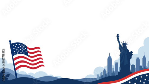USA Independence Day Background with American Flag and City Skyline