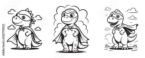 Cute superhero dinosaur coloring page set, 3 cartoon t-rex characters in capes and masks, black and white outline vector illustrations for kids