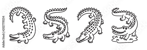 Cartoon crocodile coloring page set, cute alligator line art illustrations, 4 black and white reptile vector characters for kids activity books