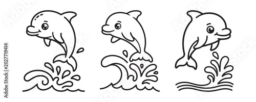 Cute dolphin coloring page set, 3 cartoon dolphins jumping in ocean waves, black and white line art vector illustrations for kids activity books