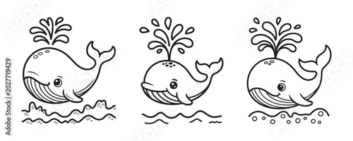 Cute whale coloring page set, cartoon sea animal line art with water spout, hand drawn nautical vector illustrations for kids activity books