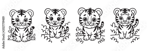 Cute tiger coloring page set, 4 cartoon baby tiger cub illustrations, black and white line art vector for kids activity book and educational worksheets