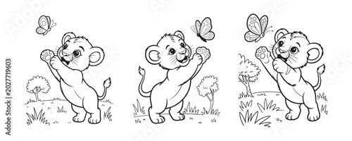 Cute lion cub coloring page set, 3 hand drawn baby lion illustrations playing with butterflies, black and white outline vector for kids activity book