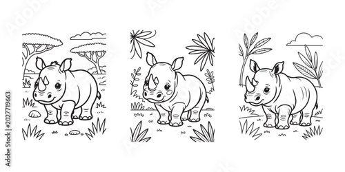 Cute rhinoceros coloring page set, 3 cartoon rhino line art illustrations for kids, safari animal coloring book vector with tropical jungle background