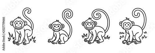 Minimalist monkey line art icons, set of 4 cute cartoon primates in black outline, simple jungle animal vector illustrations for kids coloring