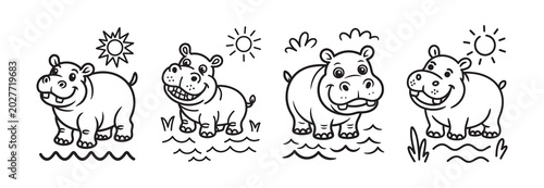 Cute hippo coloring book page set, cartoon hippopotamus character line art, 4 vector illustrations of happy hippos in water for kids activity