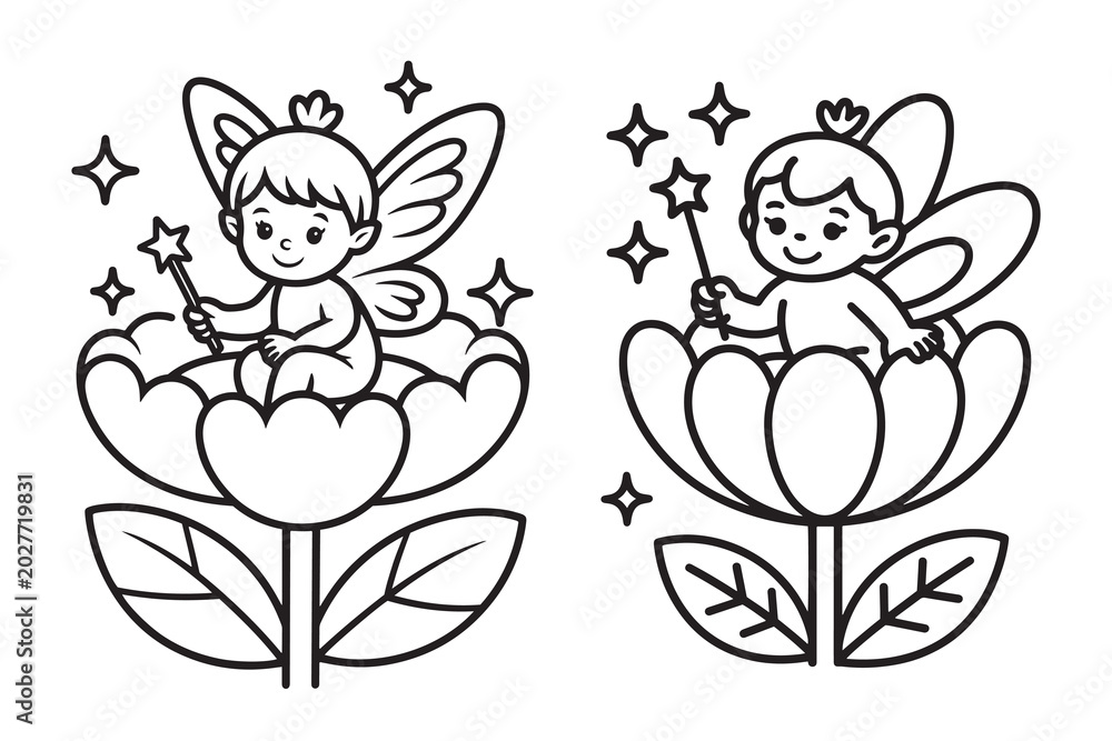 Fototapeta premium Cute fairy coloring page for kids, little magical pixies sitting on flowers vector set, black and white line art of fantasy characters with magic wands