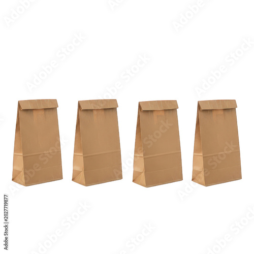 Four brown paper bags lined up isolated on transparent background