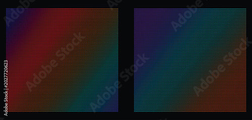 Abstract digital background with colorful gradient dot patterns, modern data visualization style, geometric halftone texture on black background