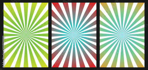 Sunburst background set, radial sun rays, comic book style, abstract starburst pattern with colorful gradients