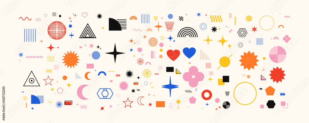Obraz premium Set of various geometric shapes, abstract symbols, stars, hearts, and minimalist design elements for modern graphic design and creative projects