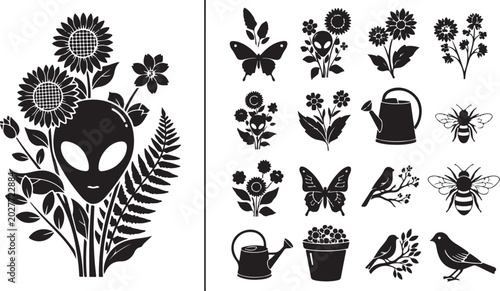 Alien face in a bouquet of flowers vector