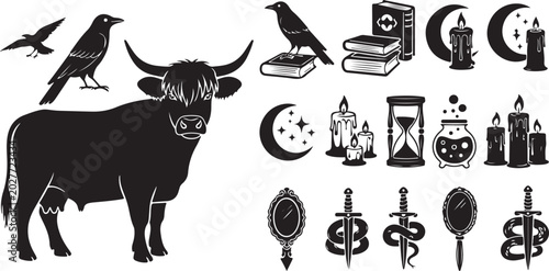 Mystic Bull and Occult Symbols Illustration Set Black
