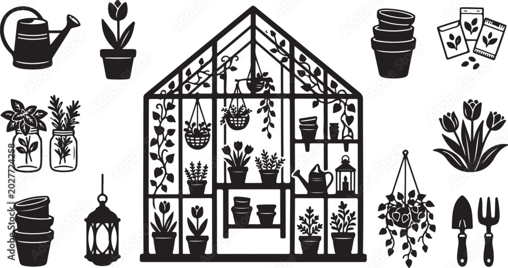 Fototapeta premium Greenhouse gardening illustration with plants and tools