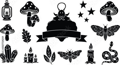 Whimsical black and white mystical symbol illustrations set