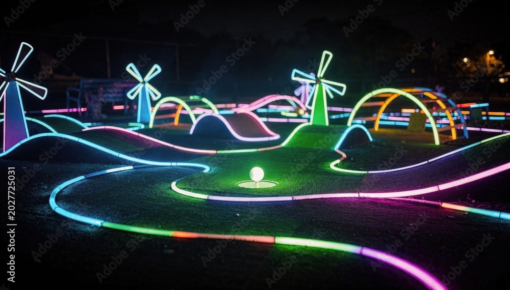 Fototapeta premium Medium shot of a glowing miniature golf course with phosphorescent pathways and obstacles glowing vividly against a dark background focusing on the active hole.