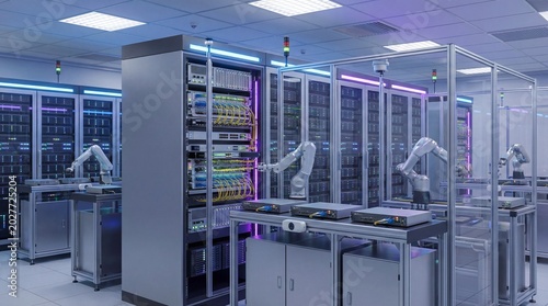 Foto Modern high-performance data center featuring advanced robotic arms managing ser
