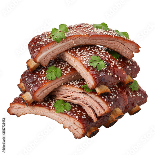 Delicious grilled ribs with herbs garnish isolated on transparent background